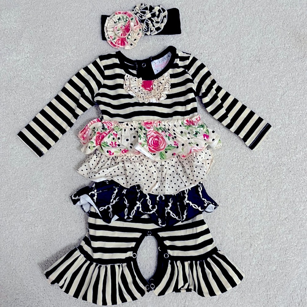 Serendipity Baby Girl Romper layered black cream striped floral 0-3 set